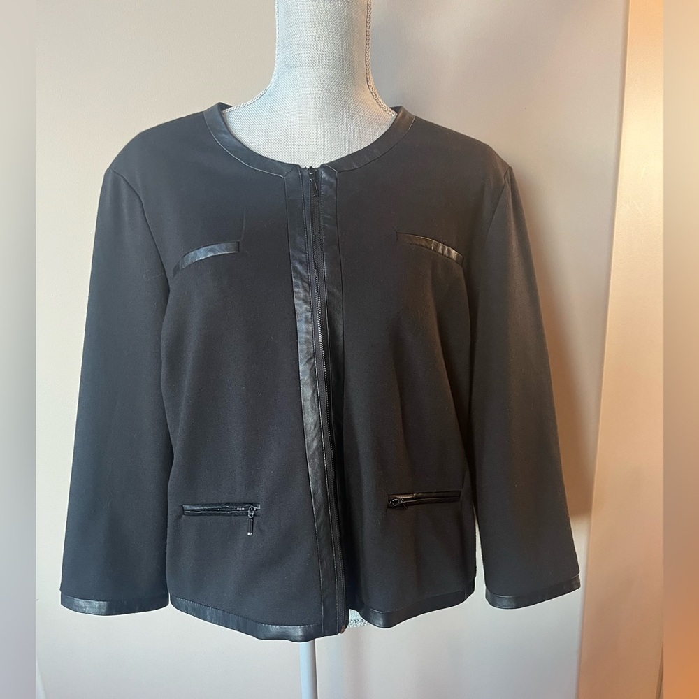 Covington Black Zip up blazer with leather-like trim detail